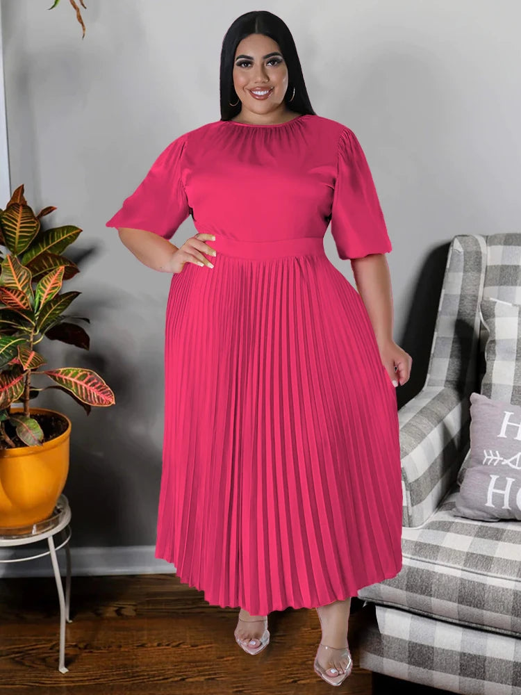 Maxy Pleated Dresses for Women Plus Size 4XL O Neck Short Sleeve A Line Summer Elegant Causal Office Wear Clubwear Plus Size Gowns