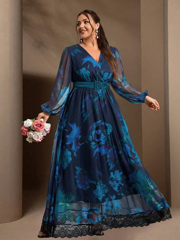 Maxy New Women's Casual Elegant Formal Party Long Dresses Plus Size Floral Print Lantern Sleeve Contrast Lace Dress