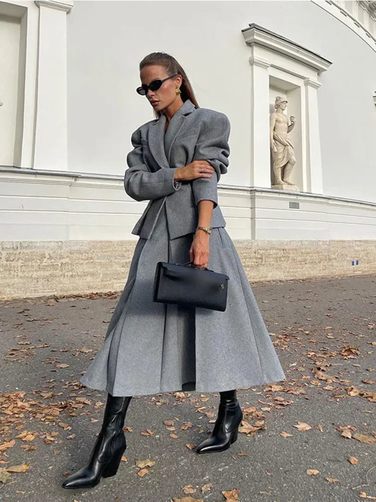 Maxy Women Fashion Solid Woolen Skirt Suits Elegant Stand Collar Full Sleeve Coat Loose Pleated Long Skirts Set Fall Chic Lady Outfit