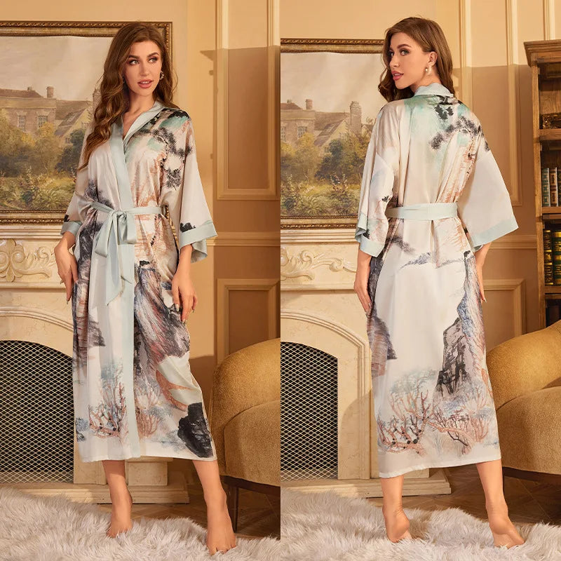 Maxy Japanese Style Half Sleeve Kimono Bathrobe Gown Female Long Robe Nightgown Sleepwear Loose Satin Print Flower Home Dressing Gown