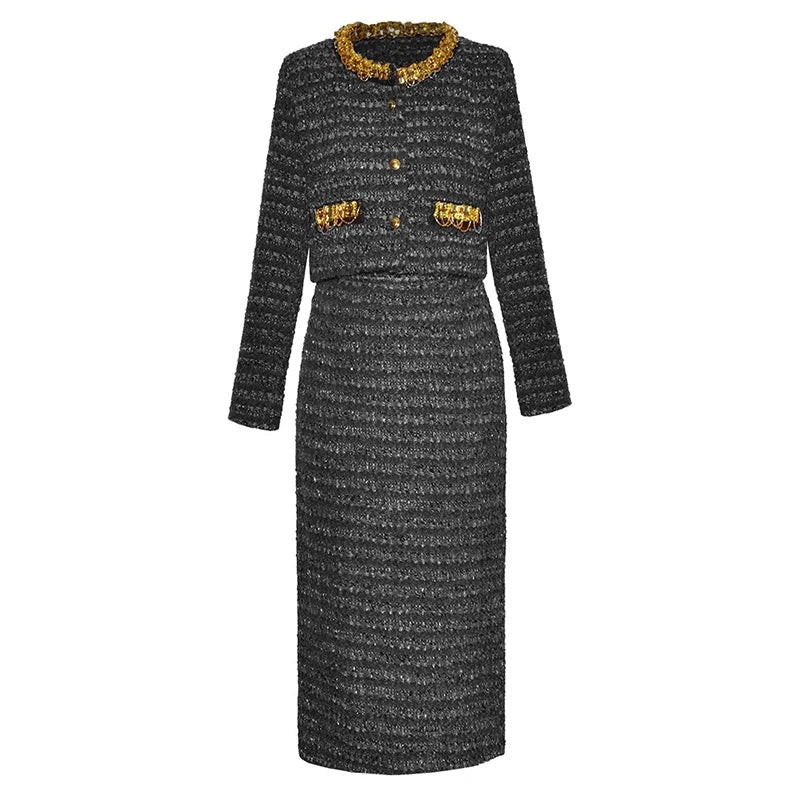 Seasixiang Striped Tweed Suit Women Diamonds O-Neck Single Breasted Jacket + Pencil Skirt Vintage Two Piece Set Female New