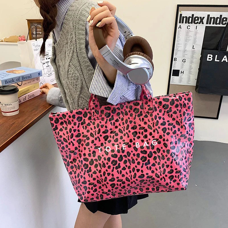 Maxy New Leopard Print Handbag, Fashion Large Capacity PVC Tote Bag,Women's Casual Shopping Letter Print Top Handle Hand Bag
