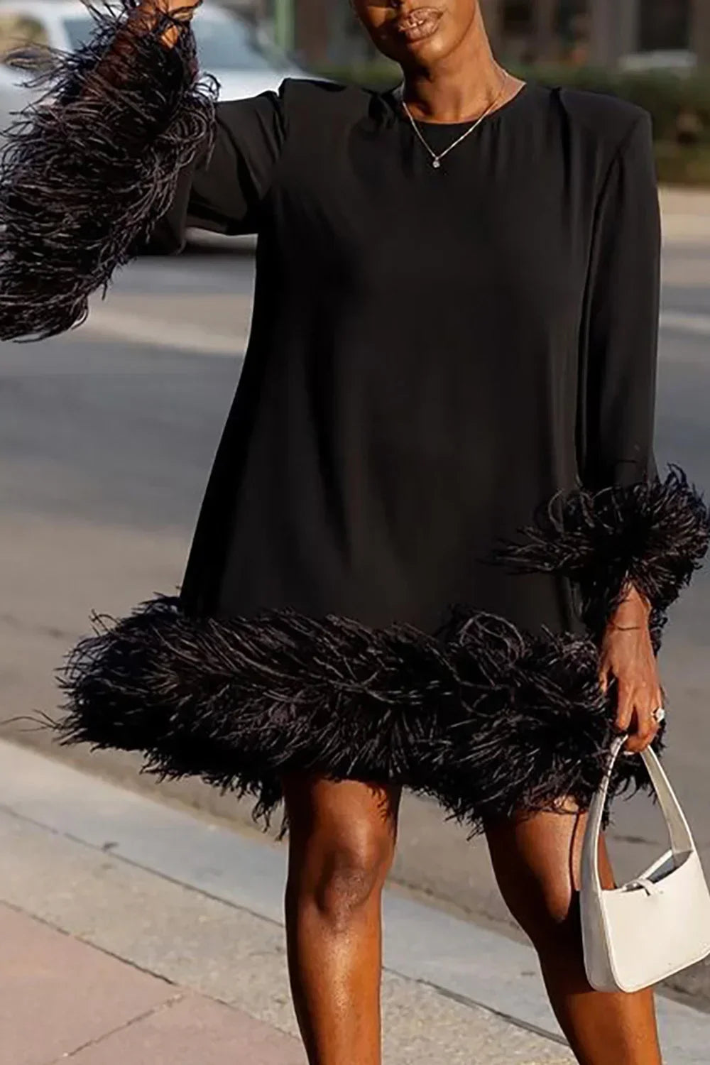 Amay Plus Size Flare Sleeve Femme Pullover Dress Sexy Patchwork Feather Women Evening Dress Fall Elegant O-neck A-Line Mini Dress