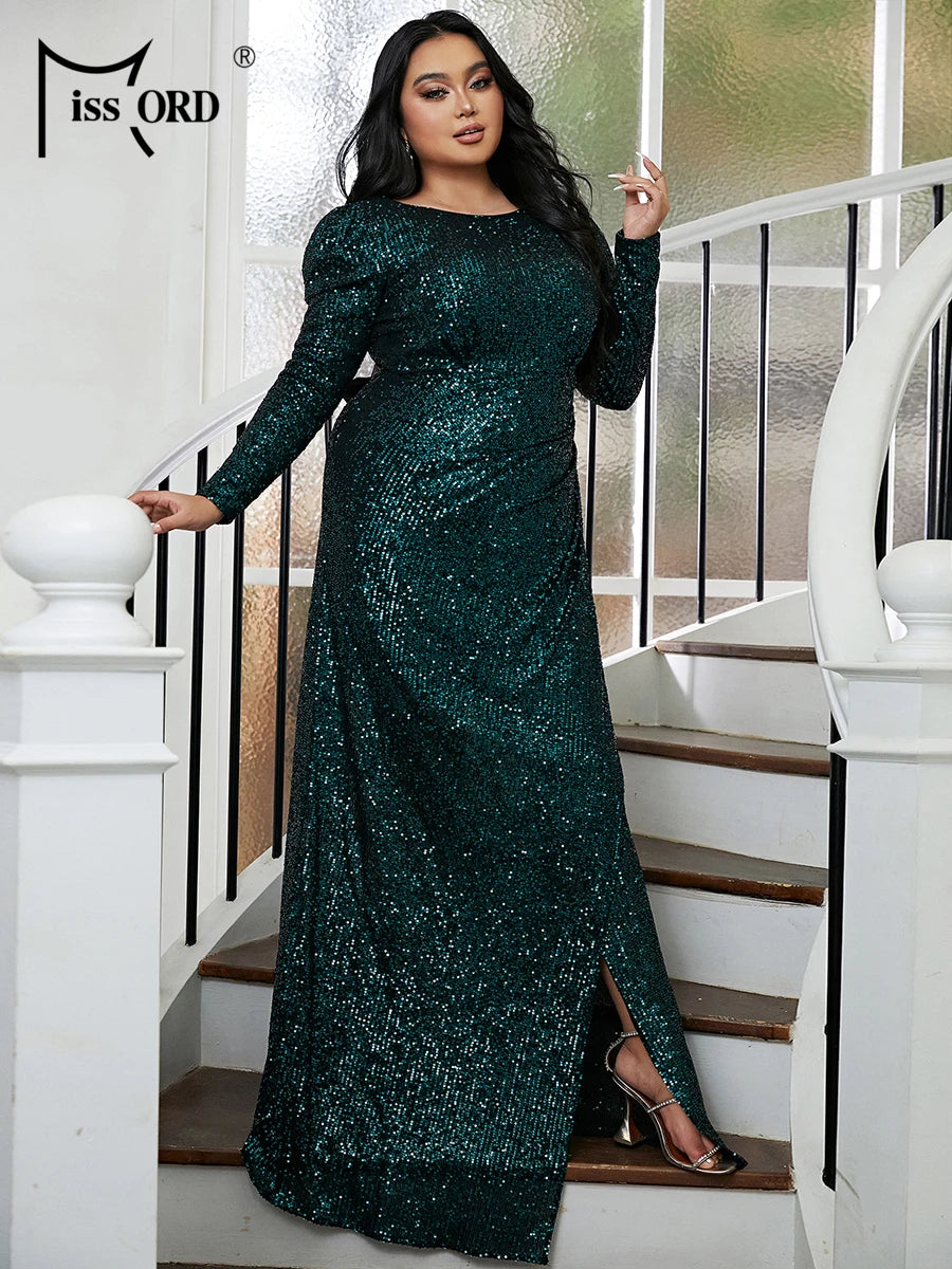 Maxy Plus Size Summer Dress Women Trend Open Back Sequin Floor Length Green Prom Dress