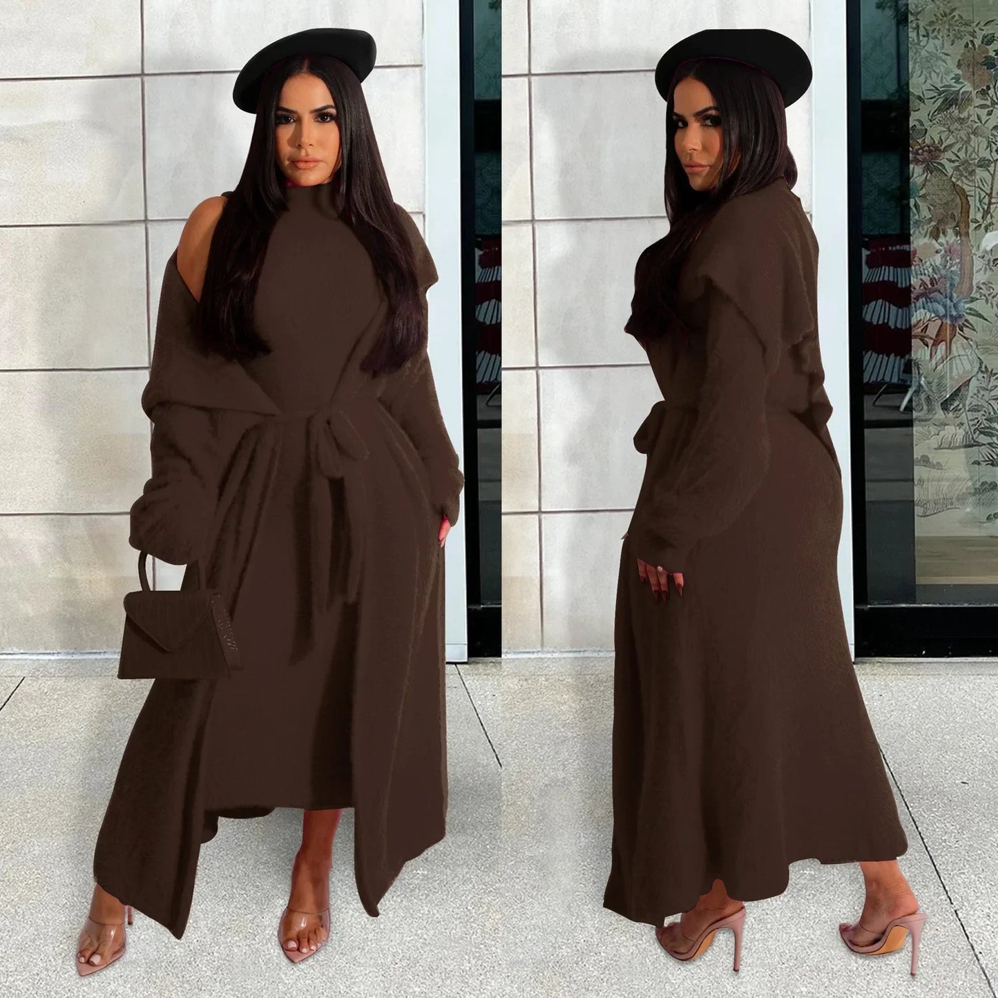 Maxy Women Dress Sets Two Piece Long Sleeve Round Neck Cardigan Solid Color Elastic Waist Casual Slim Fit Patchwork Autumn Belt