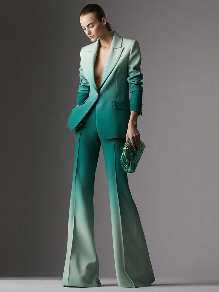 Maxy High Quality Gradient Color Suit Bell Bottoms Design Office Formal Female Fashion Sexy Elegant Graduation Dress Club Formal