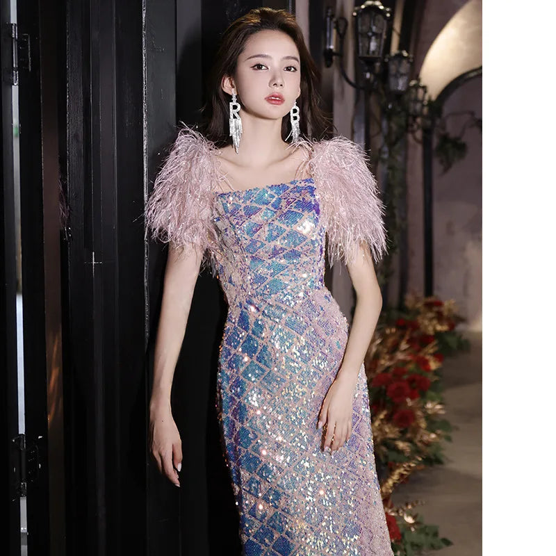 Maxy Sequin Mermaid Evening Dress Square Collar Feather Short Sleeve Formal Banquet Gown Slim Back Zip Celebrity Red Carpet  dress