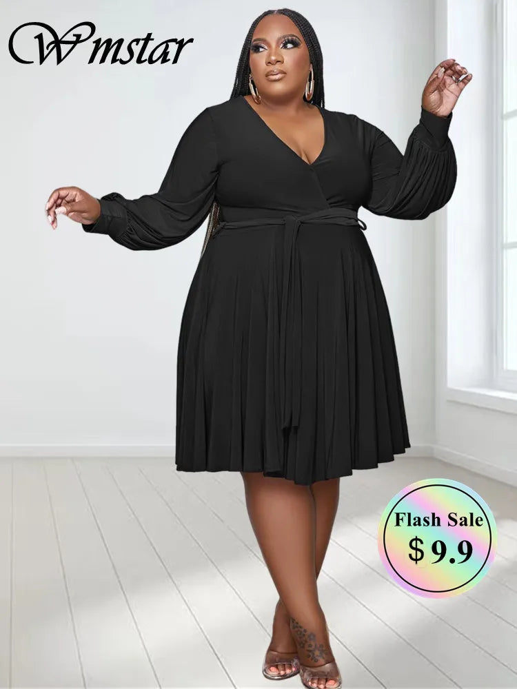 Maxy Plus Size Dress XL-5XL Women Fall Clothes V Neck Loose Casual Elegant Autumn Hot Sale Maxy Dress