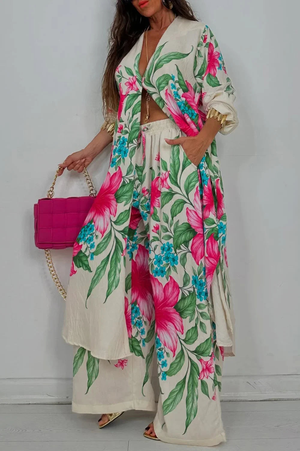 Maxy Business Casual White Tropical Print Long Sleeve Pocket Casual Wide Leg Two Piece Pant Set for Women Autumn Vintage 2 Piece Set