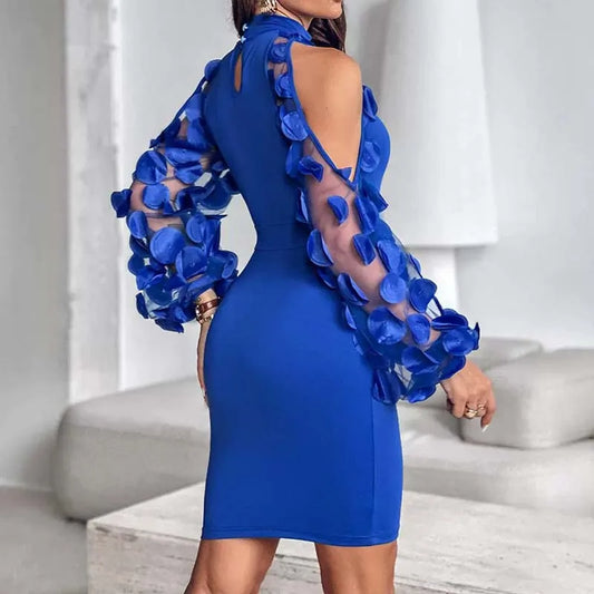 Amay Blue Long Sleeve Mesh Stand-collar Bodycon Dress for Women Fashion Casual High-waisted Short Dresses Spring Autumn New