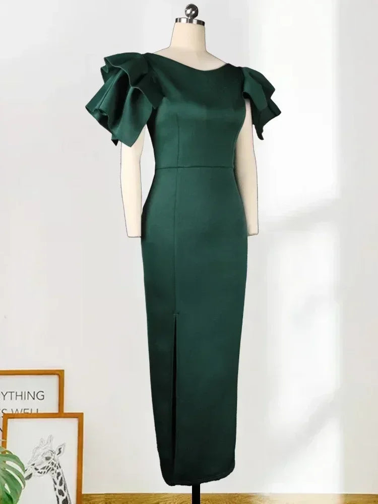 Women Plus Size Long Evening Party Dress Dark Green For Women Ruffle Sleeve Slit Bodycon Sheath Evening Celebrate Occasion Gowns