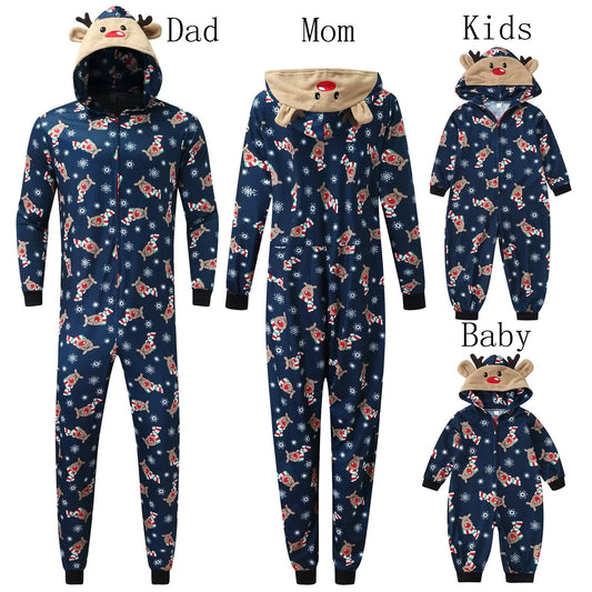 Maxy Christmas Family Clothing Set Adult Children Deer Hooded Romper Jumpsuit Family Pajamas Sleepwear Santa Matching Family Outfit