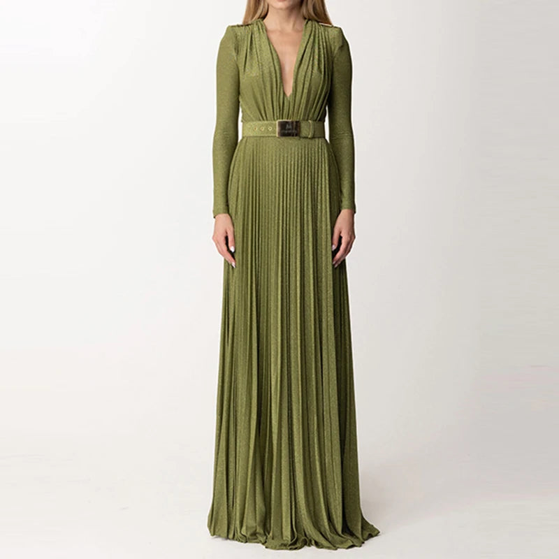 Maxy Women Fashion High Waist Slim Solid Long Dress Elegant Long Sleeve Party Dress Sexy Deep V-neck Draped Solid Evening Dress