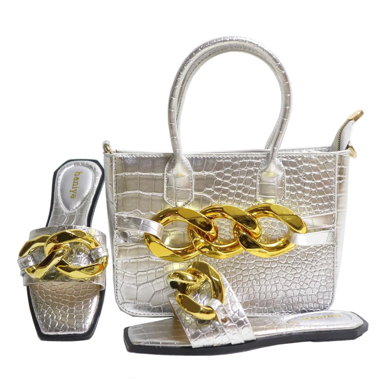 Maxy Big Metal Chain Decoration PU Handbags Matching Square Toe Flats Slippers Stone Pattern Shoes And Bag Set