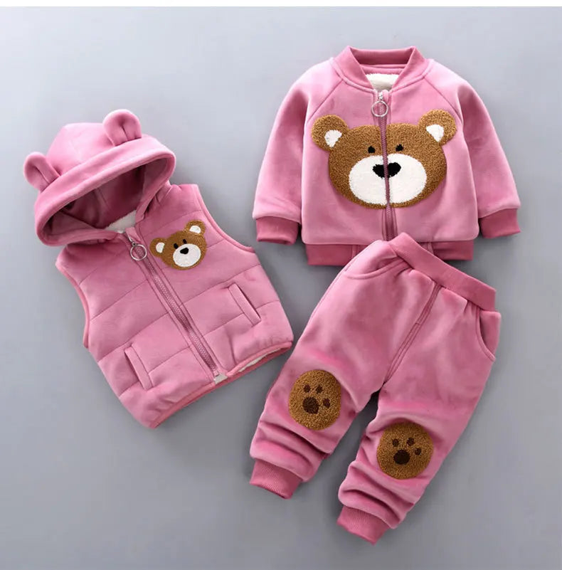 Maxy 2024 New Baby Boys Girls Christmas Cartoon Winter Hooded Plush Warm Vest Coat+Sweatshirt+Pants 3Pcs Infant Children Sports Suit