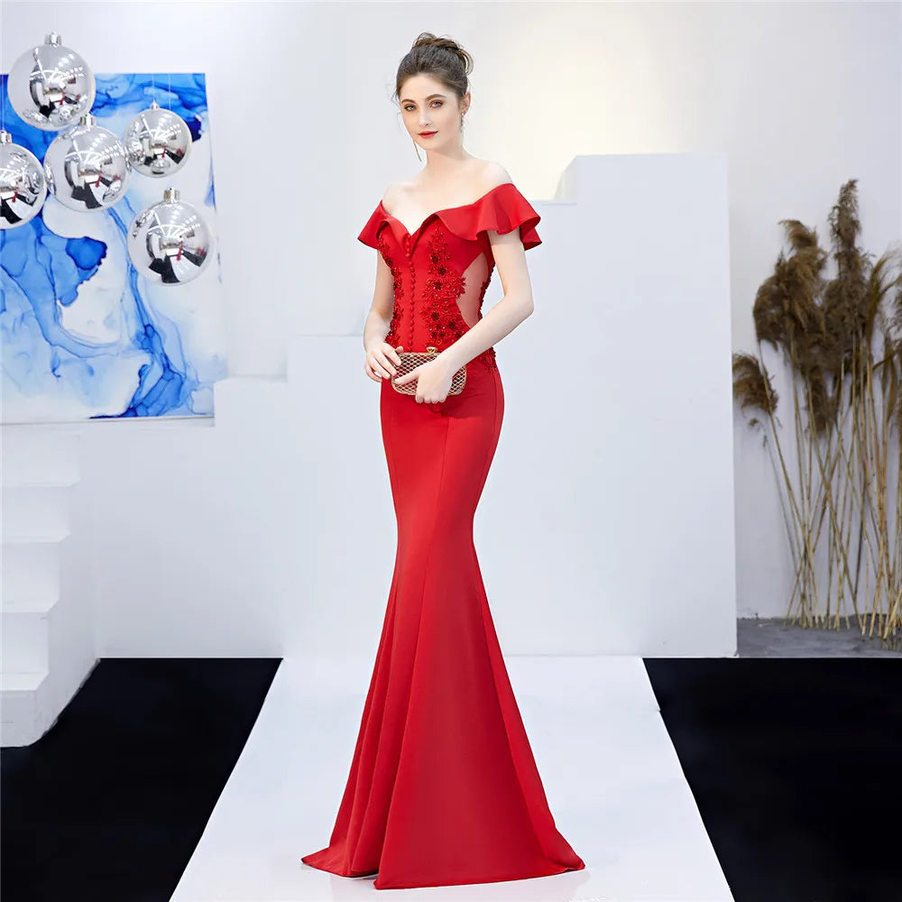 Maxy Customized Women's Elegant V Neck Floral Ruffle One Shoulder Evening Formal Maxi Gown Mermaid Bodycon Party Prom Wedding Dress