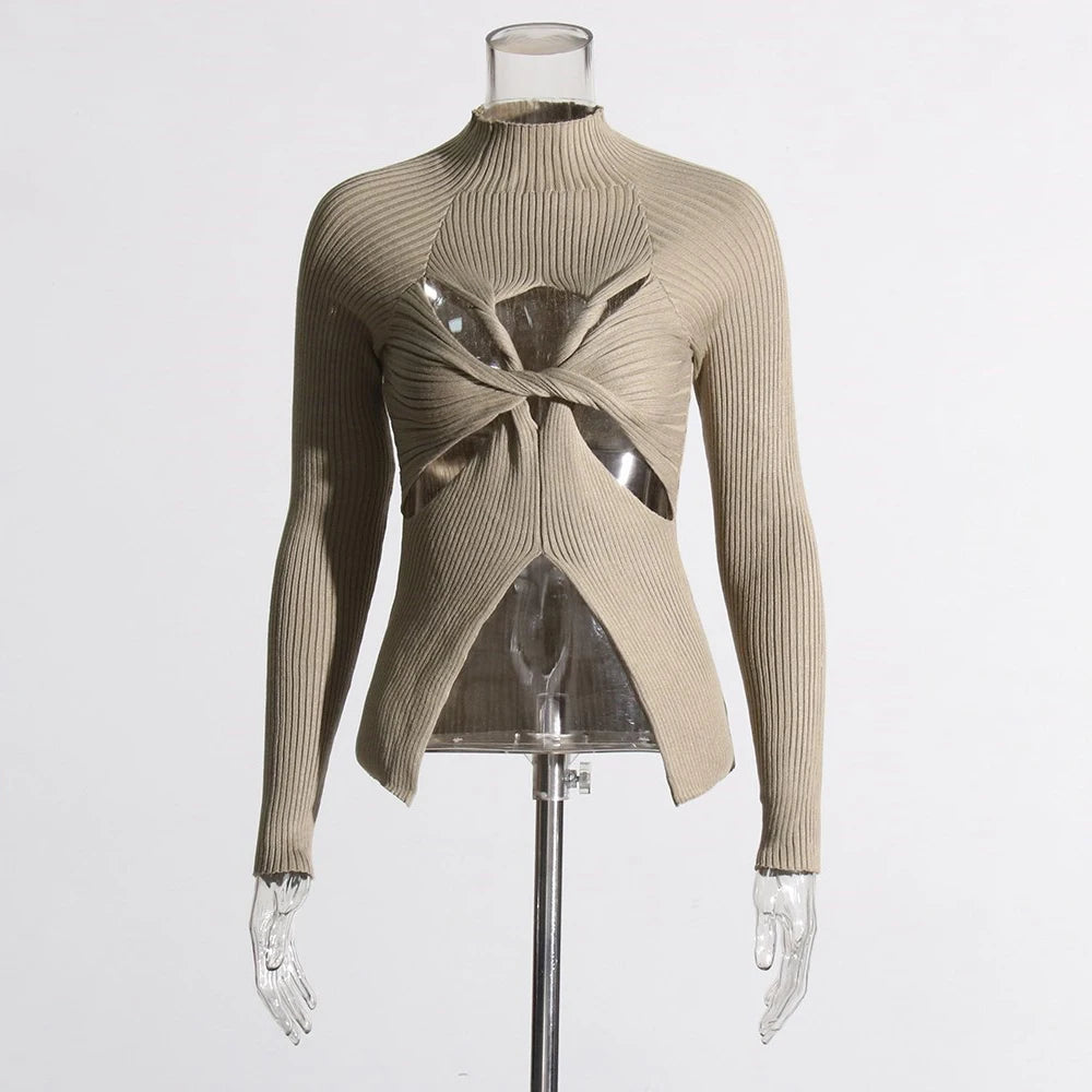Amay Hollow Out Slimming Chic Sweaters For Women Stand Collar Long Sleeve Minimalist Knitting Pullover Sweater Female Fashion New