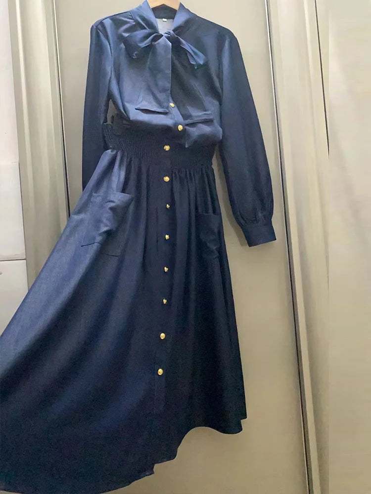 Maxy Retro autumn women's new blue denim bow collar long sleeve shirt+high waist pocket button skirt fashion suit
