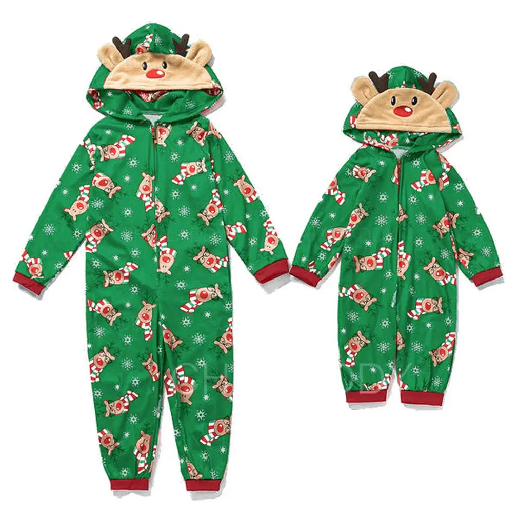 Christmas Pajamas Set One-Piece Zip-Front Romper With Antler Hood For Family PJs Sets Family Matching Kid Adult Xmas Sleepwear