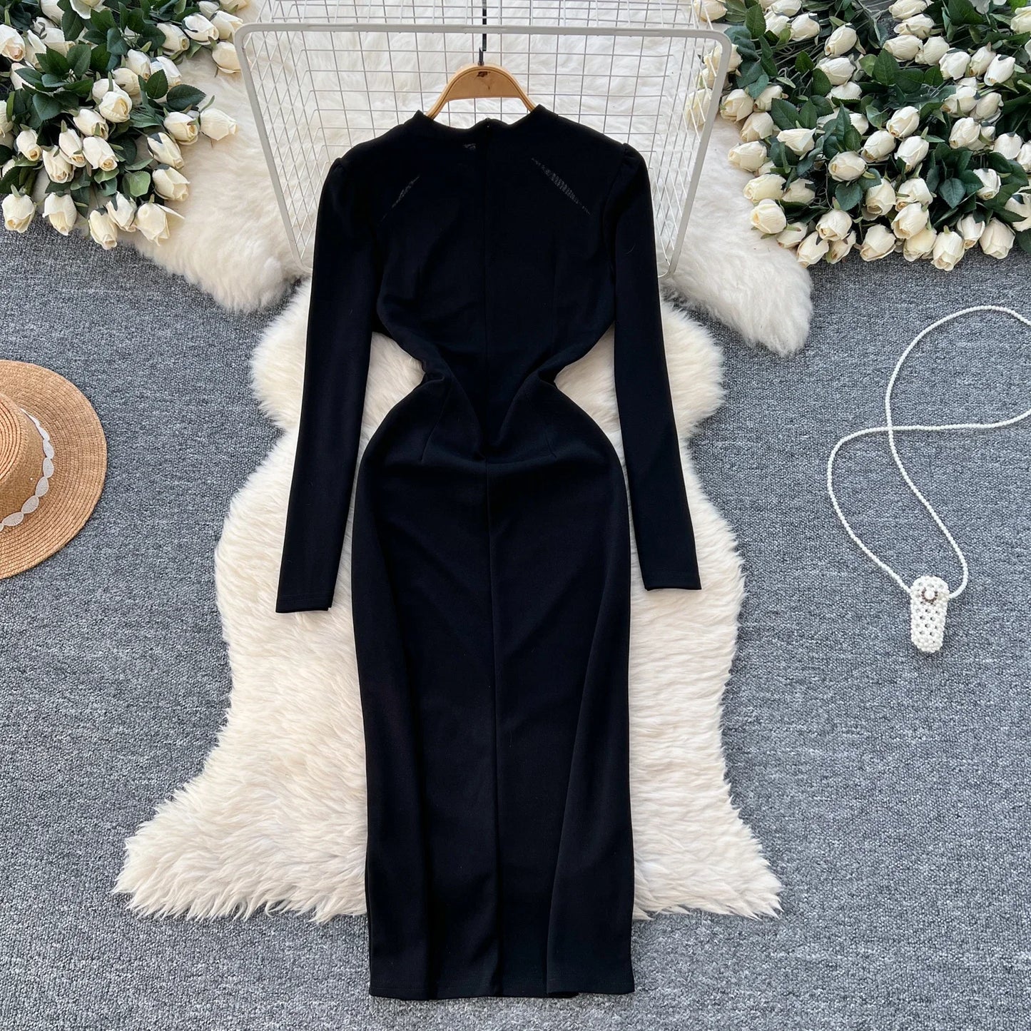 Maxy Vintage Stand Collar Elegant Long Sleeve Chic Hollow Out Embroidered Bead Slim Split Dresses Evening High Street Autumn Clothing