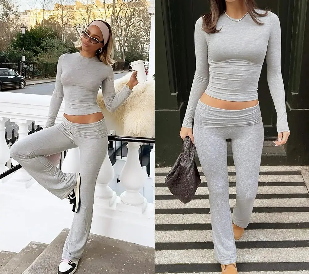 Maxy Casual Workout Two Piece Outfits Long Sleeve High Waist Fold-over Flare Flared Leggings Pants Tracksuit Sets Streetwear