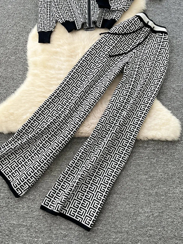 Maxy 2 Piece Sets Women Outfit Autumer Winter Tracksuit Knit Cardign Hooded Wide Leg Pant Sets New Two Piece Casual Loose Suit Office