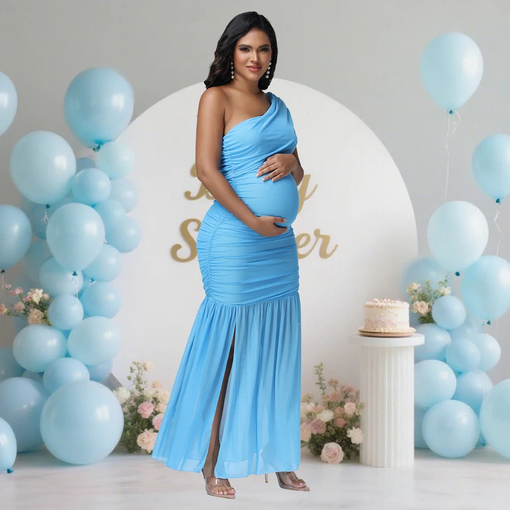 Maxy Maternity One Shoulder Sleeveless Dress Rouched Bodycon Side Split Party Evening Gown for Photoshoot Baby Shower