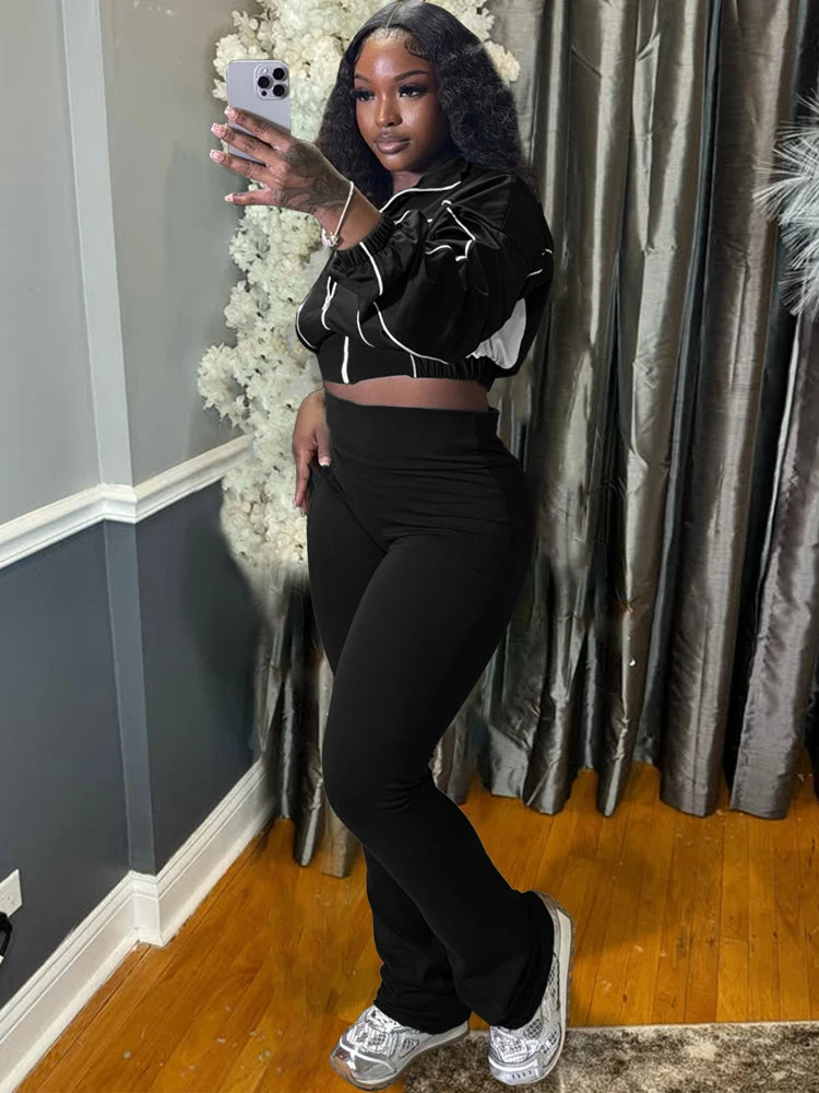 Maxy Trendy Women Clothes Contrast Color Tracksuit Zip Crop Jacket and High Waist Flare Pants Suit Sports Gym 2 Two Piece Set