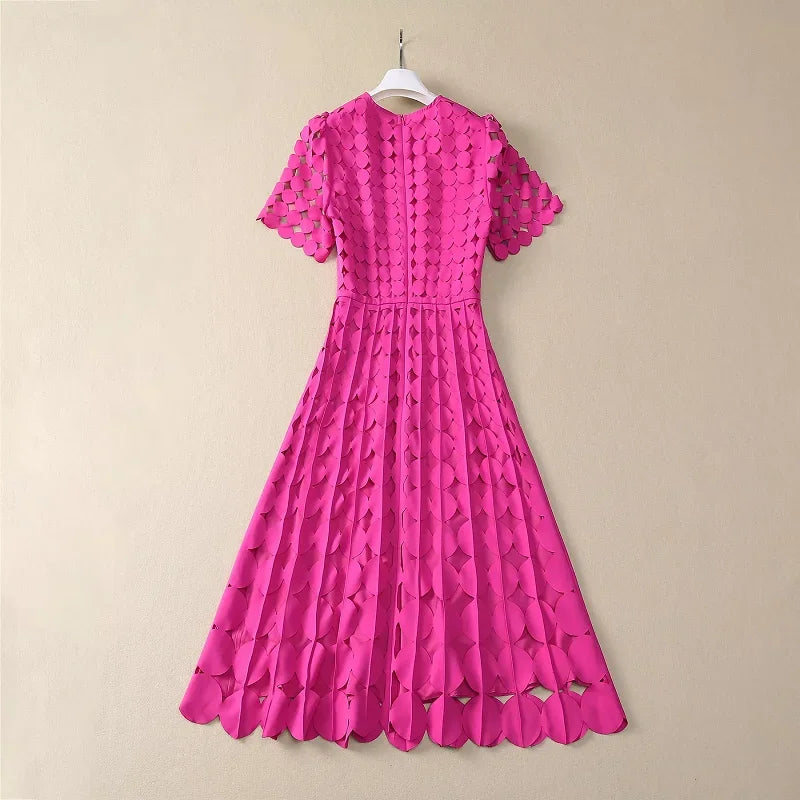 Maxy High Quality Brand New Spring Dress Women Hollow Out Dot Patterns Short Sleeve Mid-Calf Length Black Coffee Pink Dress XXL