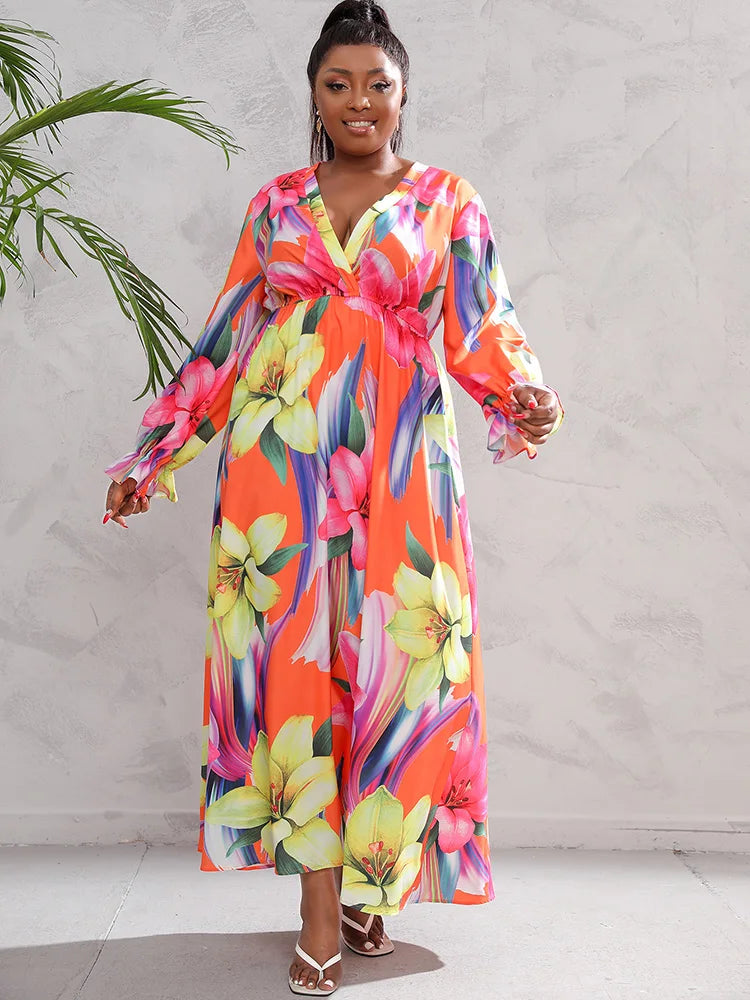 Maxy Plus Size Deep V Neck Boho Print Maxy Dress Women Spring Fall Casual Vacation Beach Elastic Waist Swing Dresses