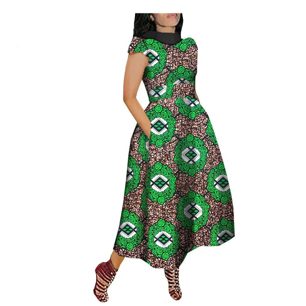 Maxy African Maxy Dress for Women Private Custom V-Back Short Sleeve Turn-down Collar Plus Size Casual Dress Ankara Attire Party Prom