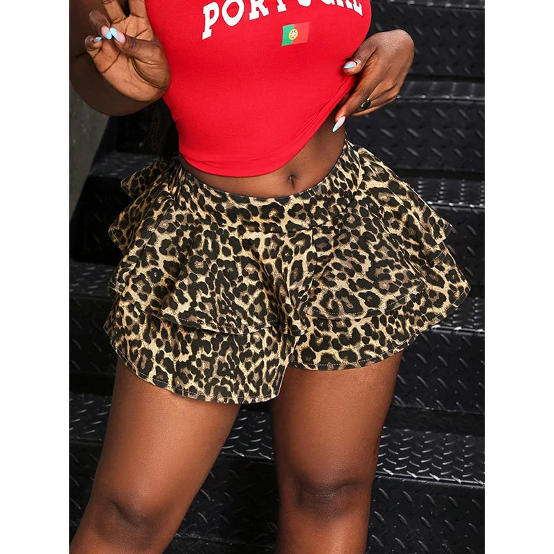 Maxy Reunify Leopard Print Layered Hem Denim Mini Skirts Women's Summer 2026 New Y2k Streetwear Low-rise Sexy Jean Shorts Skirts