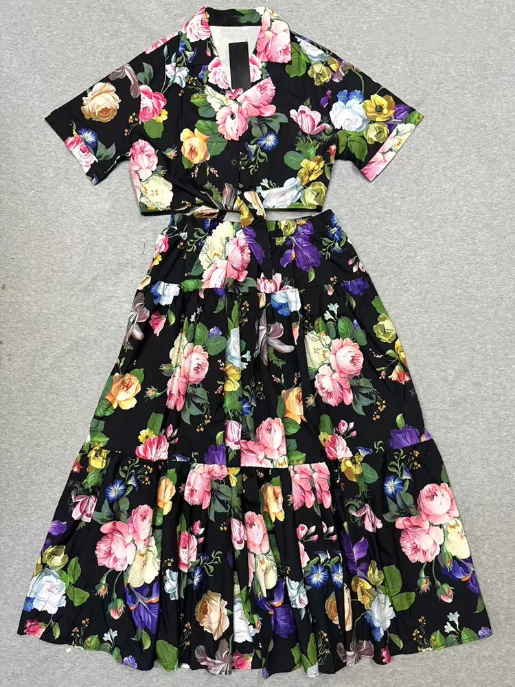 Maxy Retro summer new fashion print skirt lapel single-breasted short shirt+high waist A skirt elegant two-piece women's suit