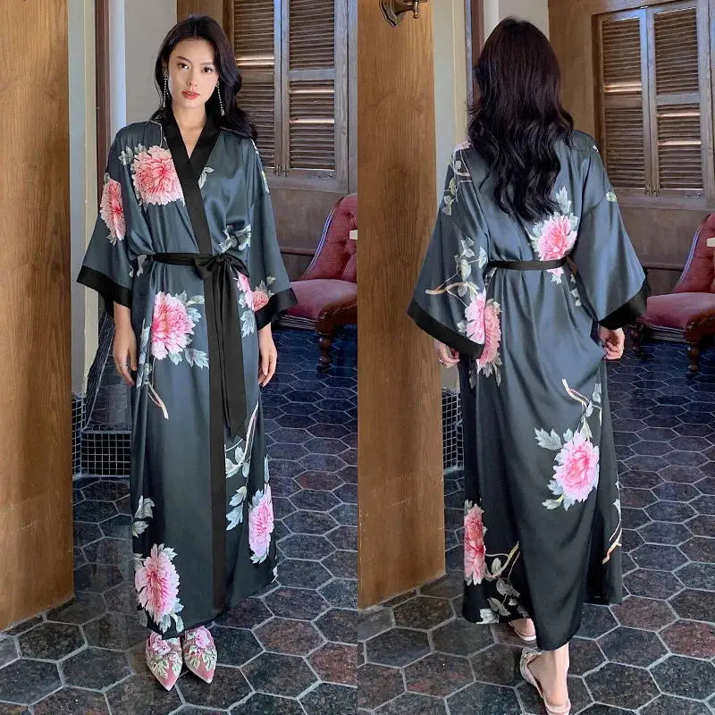 Maxy Japanese Style Half Sleeve Kimono Bathrobe Gown Female Long Robe Nightgown Sleepwear Loose Satin Print Flower Home Dressing Gown