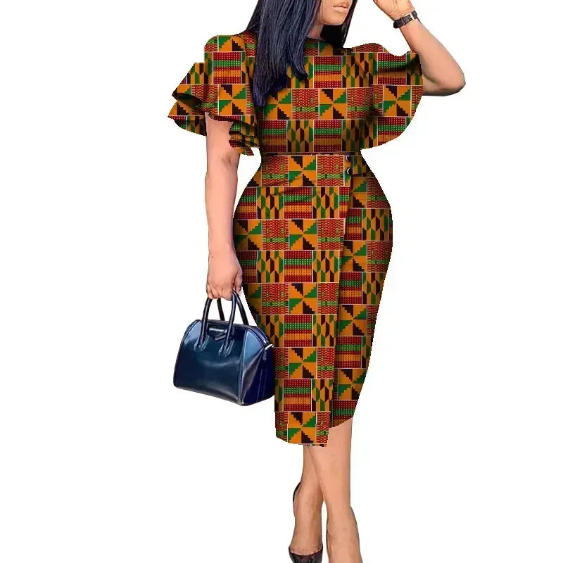 Maxy African Women Clothing Wax Print Kitenge Designs Butterfly Sleeve Dress WY8313