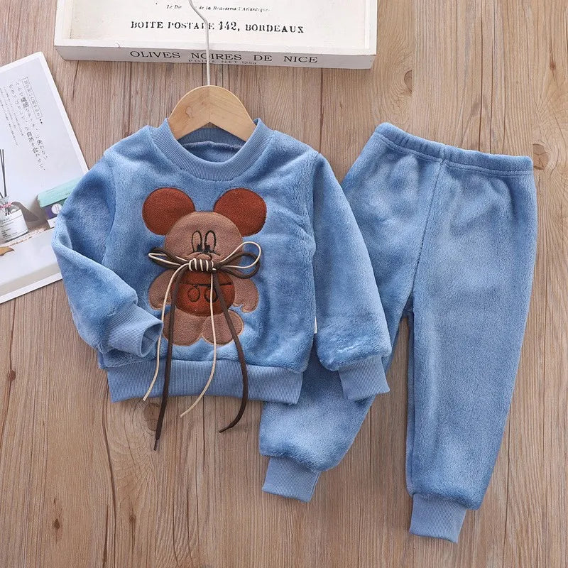 Maxy Children Toddler Set Cartoon Rabbit Pajamas Baby Boy Girl Flannel Warm Sleepwear Top+Pants 2pcs Autumn Winter Casual Clothes New
