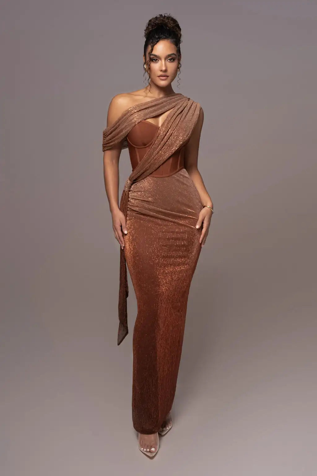 Maxy New Designer Bandage Patchwork Evening Dress Women Elegant Brown One Shoulder Twisting Ankle Length Celebrity Party Gowns