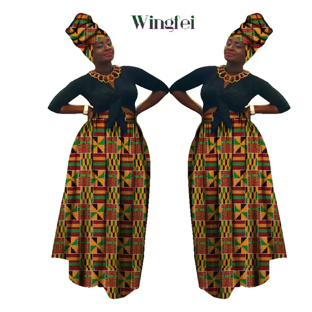 Dashiki African High Waist Ball Grown Skirt Bazin Riche African Skirt and African Headscarf 2 Pieces Lady Maxi Long Skirt WY1270