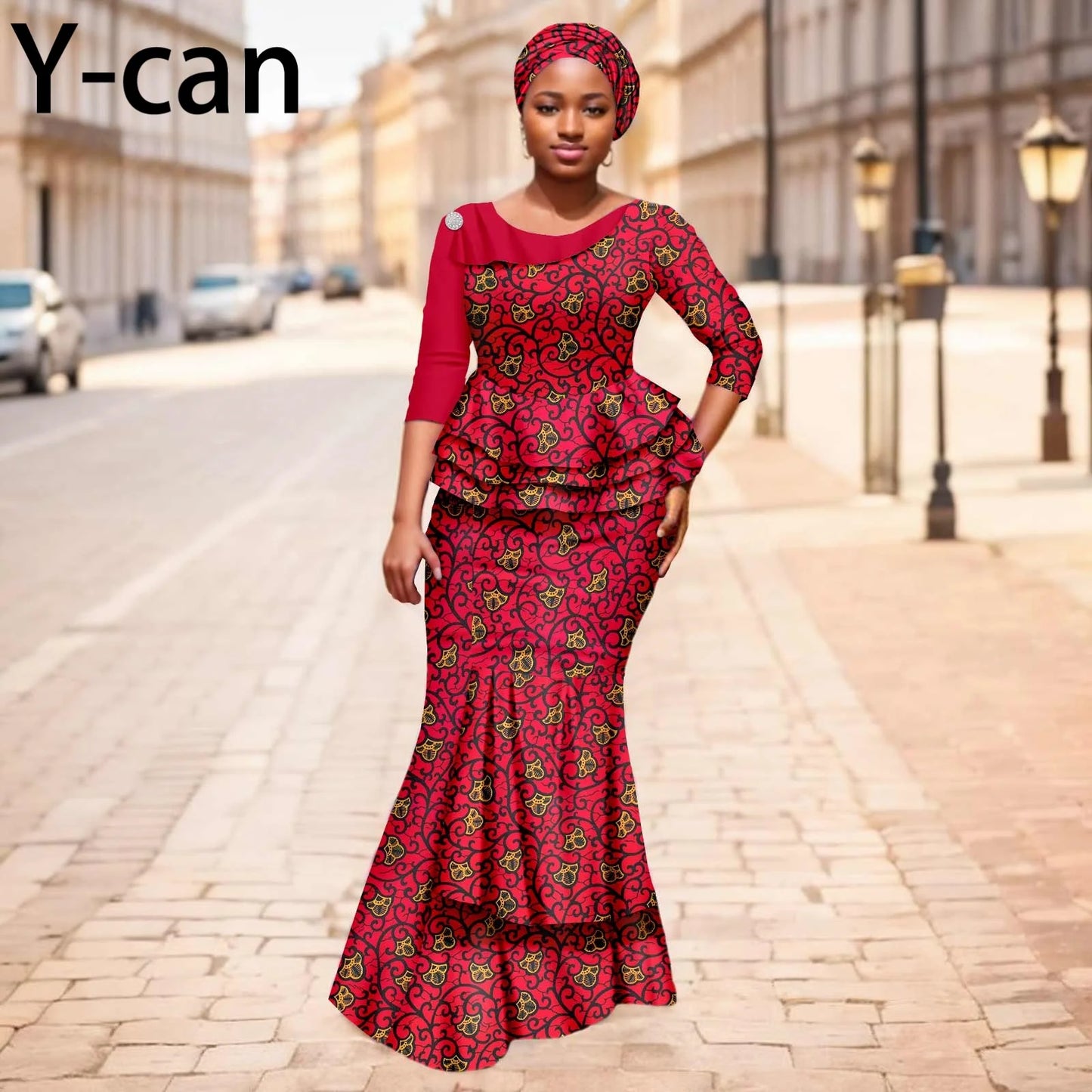 Maxy New African Dresses for Women Dashiki Print Patchwork Top and Mermaid Skirt Match Turban Traditional Wedding Party Dress 2526004