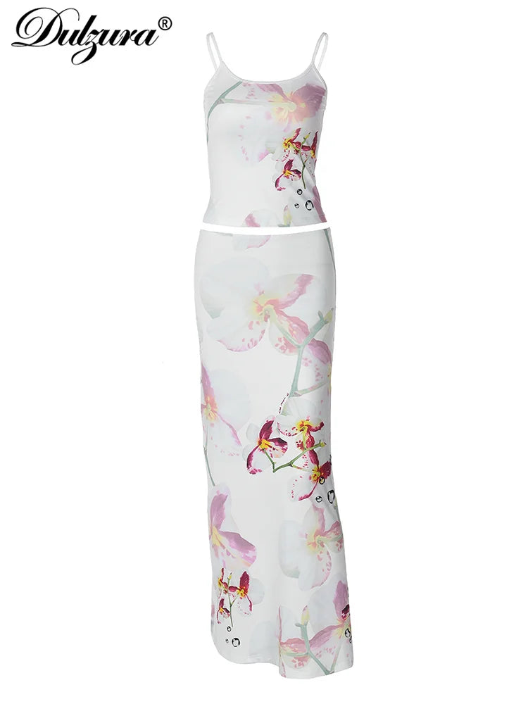 Maxy Dziura Floral Print Matching Suit Backless Spaghetti Strap Camisole Top Maxy Dress Sets Women Summer Cocktail Evening Party