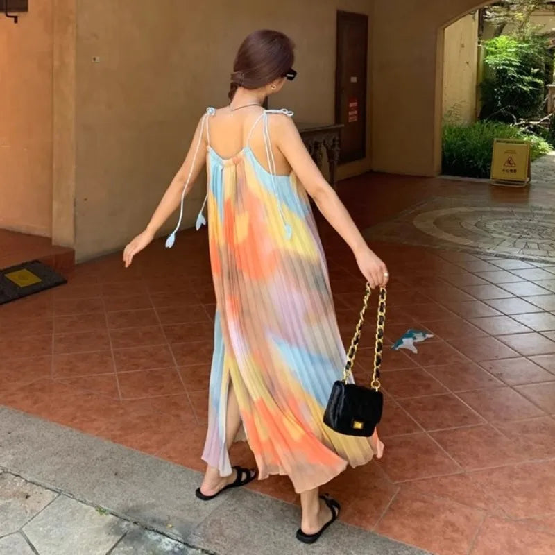 Maxy Colorful Tie Dye Women Dress Bodycon Pleated Sleeveless Holiday Part Women Clothing Spaghetti Strapped Rainbow dress