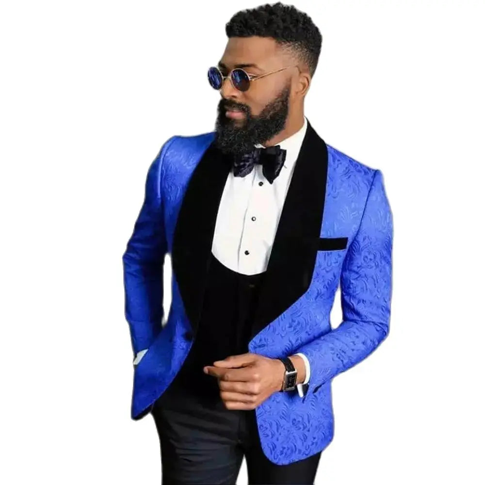 Maxy Classic Royal Blue Floral Slim Fit Custom Made Men Suits Wedding Groom Tuxedos 3 Pieces Jacket Vest PantGroomsmen