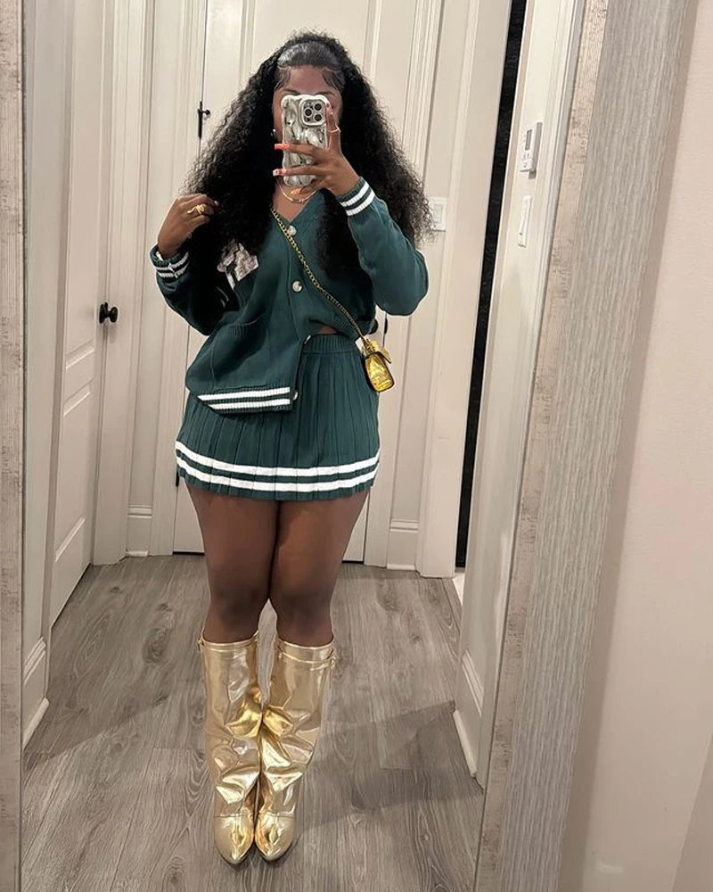 Maxy Knit Pleated Sweater Skirts 2 Two Piece Set Trendy Women Clothing Striped Letter Button Cardigan With Matching Mini Skirt Sets