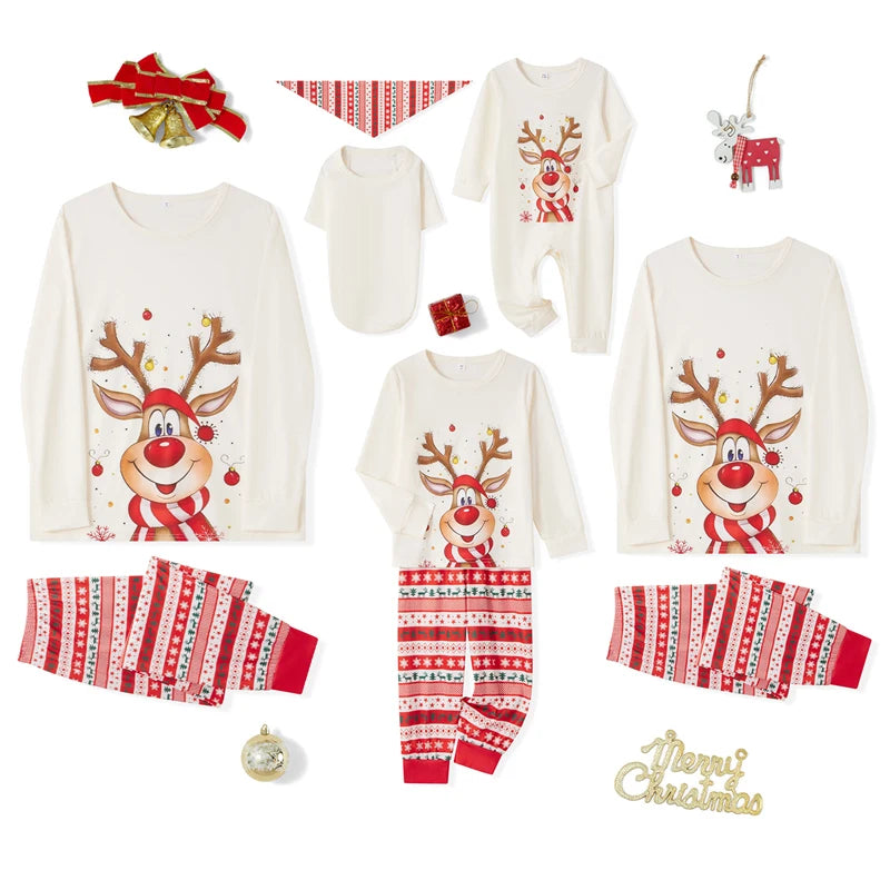 Maxy Christmas Family Matching Pajama Set Print Long Sleeve Round Neck Tops/Romper Striped Trousers