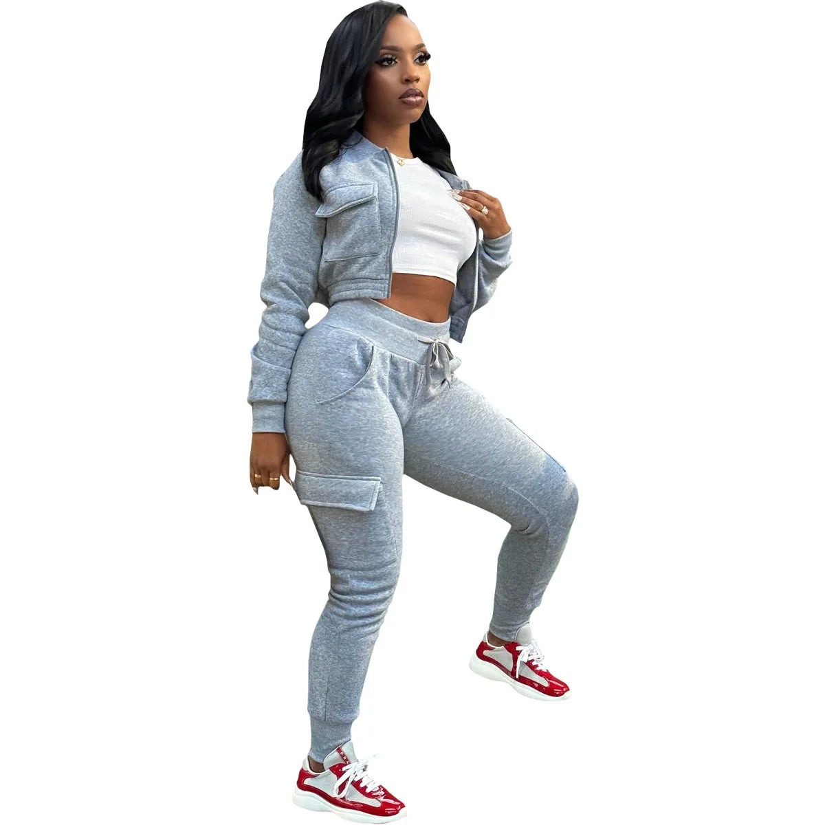 Women Pant Sets Tracksuit Zipper Short Coats Solid Pocket Two Piece Drawstring Pencil Pants Casual Spliced Thick Sporty