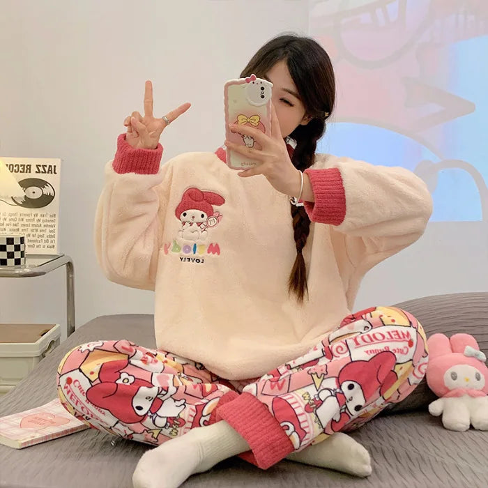 Max Snoopy Cinnamoroll Pajamas Winter Thick Flannel Round Neck Home Clothing Long Sleeved Top Pants Set Girl Christmas Gift