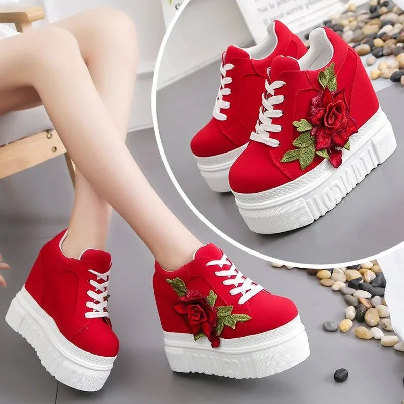 Maxy Embroidered Flowers Canvas Sneakers Autumn Women High Wedge Sneaker Fashion White/black/red Platform Woman's Sports Casual Shoes