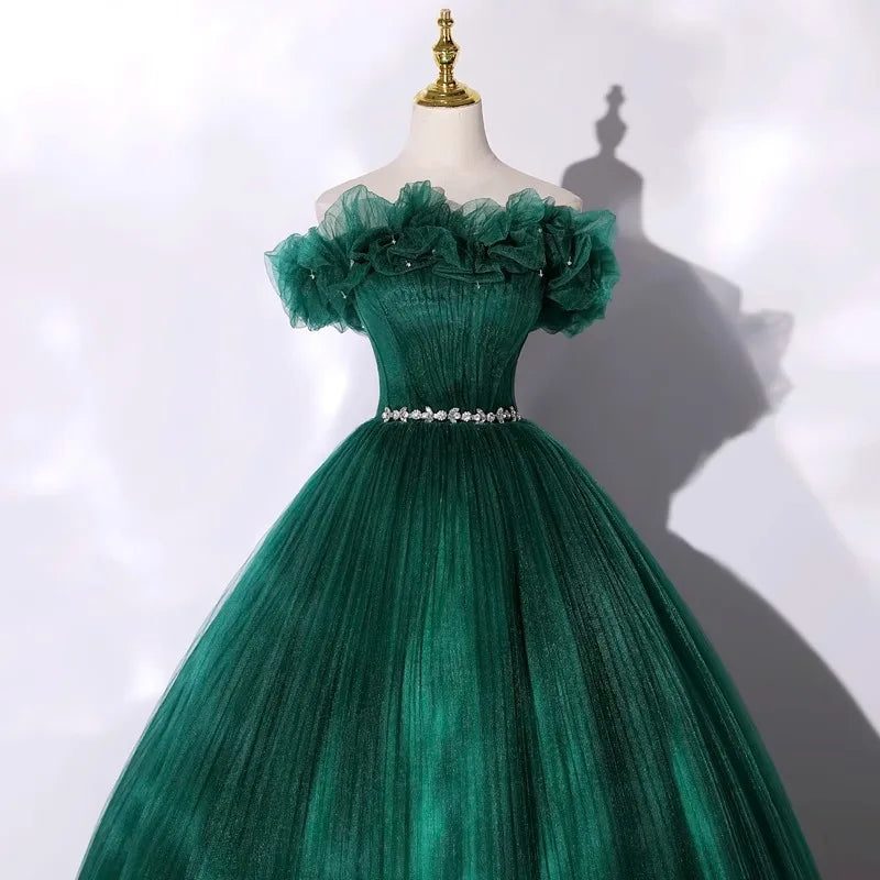 Maxy Dark Green Sweet Strapless Evening Dress New One Shoulder Temperament Host Sen Style Starry Sky Gift Vocal Art Examination Dress
