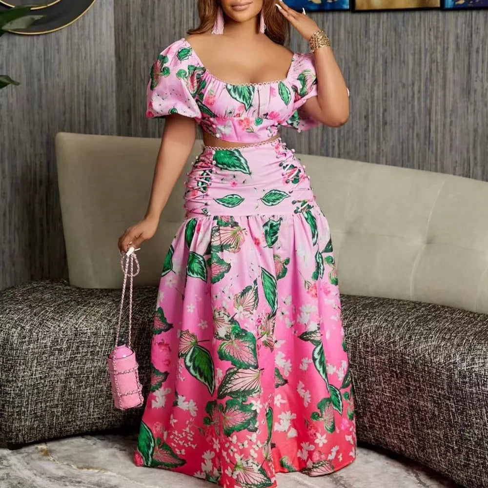 Maxy Summer Women's Suit Fashion Casual Short Top And Comfortable Long Skirt Sets Print Femininity Commuter Two-Piece Set
