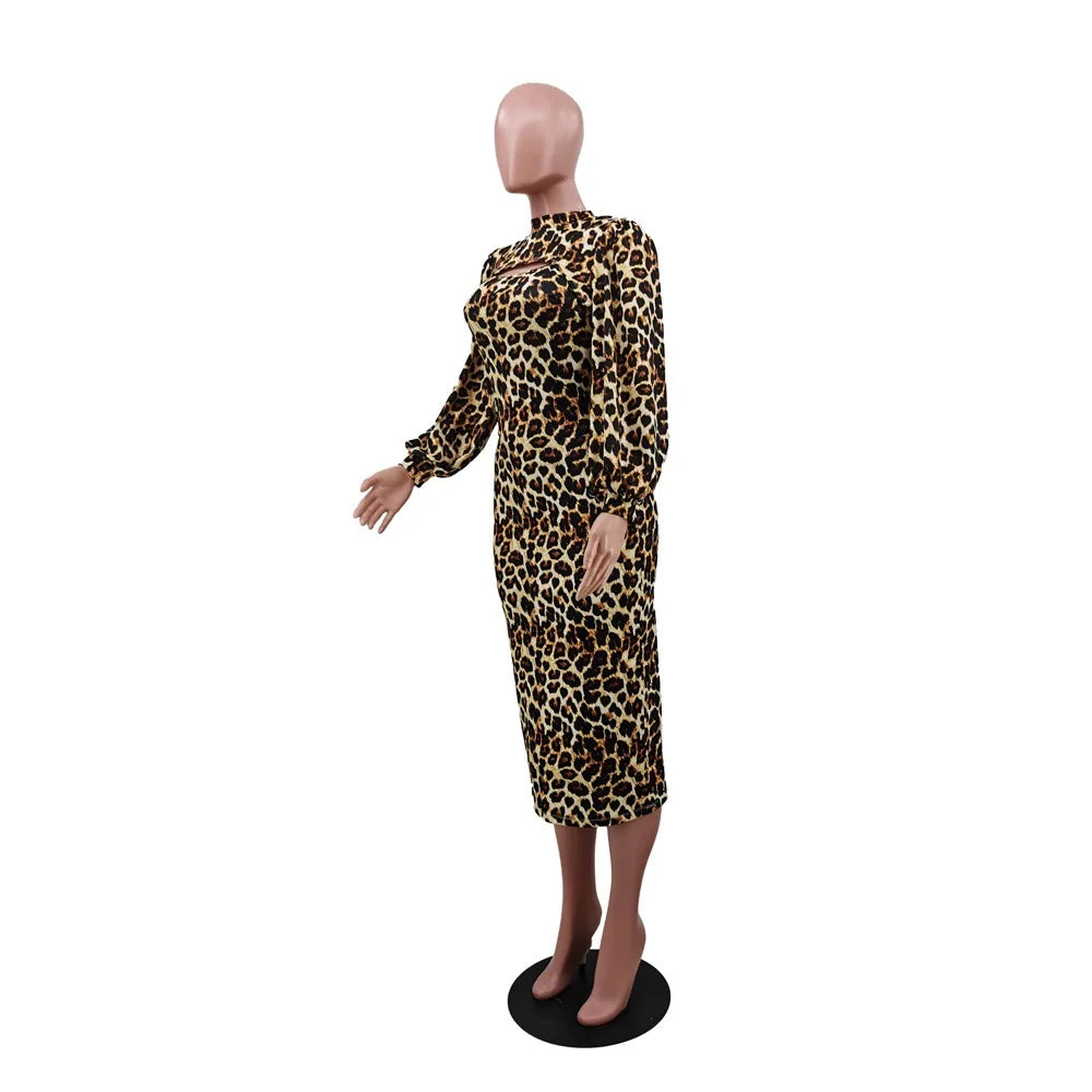 Print Leopard Two Piece Sets Turtleneck Puff Sleeve Tank Dress Hollow Women Outfits Party Evening Elegant Fashion Suits 2024
